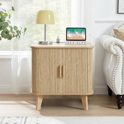 End Table with Charging Station, 24" Fluted Night Stands with Sliding Door, Farmhouse Large Wooden Side Table with Storage for Bedroom Living (Square, Natural)