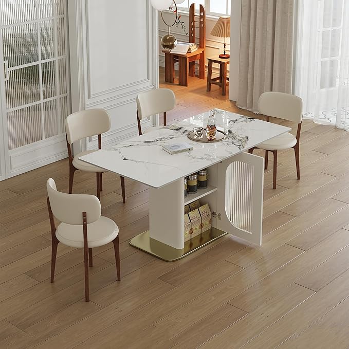 Montary 63" Modern 4-6 Person Dining Table with Storage Cabinet, Artificial Marble Dining Table with Sintered Stone Tabletop & Golden Solid Wood Base, Includes 4 Cream PU Chairs for Kitchen