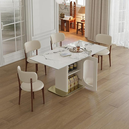 Montary 63" Modern 4-6 Person Dining Table with Storage Cabinet, Artificial Marble Dining Table with Sintered Stone Tabletop & Golden Solid Wood Base, Includes 4 Cream PU Chairs for Kitchen