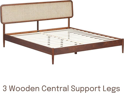 NTC Lupin Wooden Bed Frame with Headboard and Natural Rattan, Solid Oak/Rubber Wood Foundation with Silent Slats, 1000 Lb Capacity, Effortless Assembly (Natural Cane - Dark Walnut, Queen)