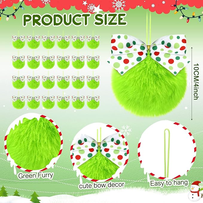 Norme 24-Pack Lime Green Furry Christmas Balls with Bow, 4" Soft Faux Fur Plush Pom Pom Ball Ornaments for Christmas Tree Hanging Decorations Party Fireplace Mantel Wall Decor(White Polka Dots)