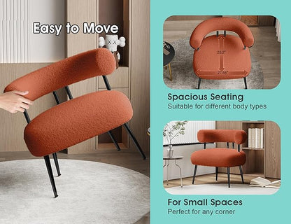 Mid Century Sherpa Boucle Accent Chair, Round Upholstered Barrel Arm Chair for Small Spaces, Fluffy Side Corner Chair for Living Room, Bedroom, Vanity, Office, Reading Nook（Orange）