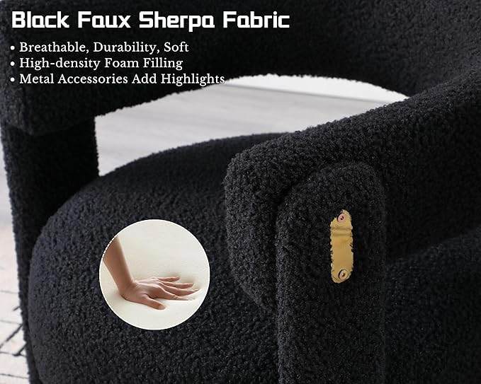 Black Boucle Barrel Accent Chairs Set of 2, Comfy Upholstered Living Room Chairs Mid-Century Modern Reading Chair with Open Back Round Corner Armchairs, Side Sitting Lounge Chairs for Bedroom/Office