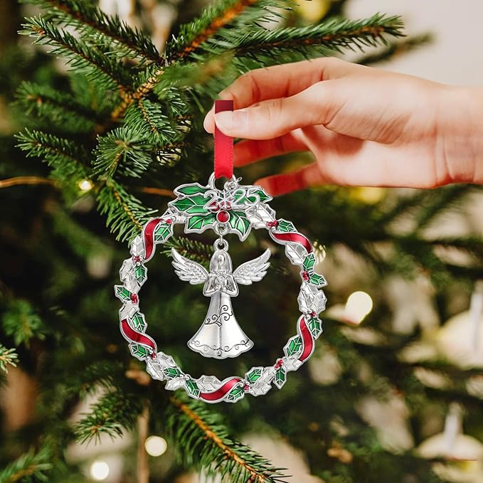Angel Ornament 2025 for Xmas Tree Decorations Metal Christmas Wreath with Praying Angel Ornaments Silver Decorative Hanging Pendant Holiday Keepsake Gift