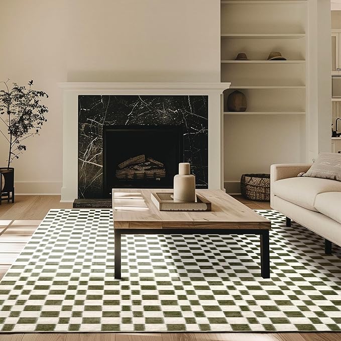EVERGRACE Checkered Plaid Area Rug 9x12, Soft Faux Wool Rugs Washable Anti Slip Rugs Large Rug Carpet for Entryway Bedroom Living Room Hallway Kitchen Dining Room and Laundry Room, Olive Green