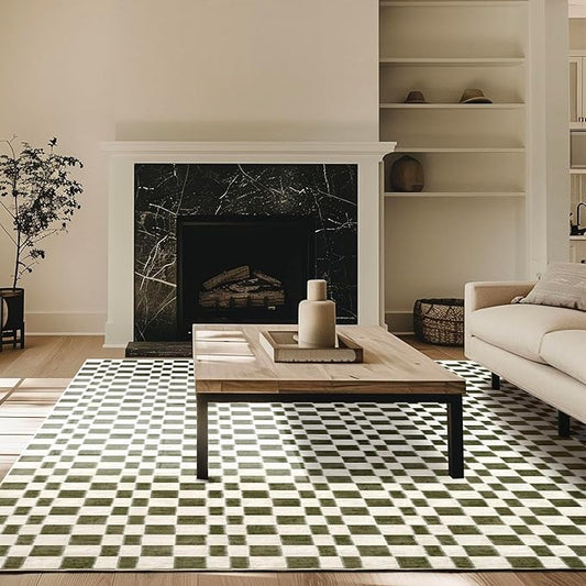 EVERGRACE Checkered Plaid Area Rug 9x12, Soft Faux Wool Rugs Washable Anti Slip Rugs Large Rug Carpet for Entryway Bedroom Living Room Hallway Kitchen Dining Room and Laundry Room, Olive Green