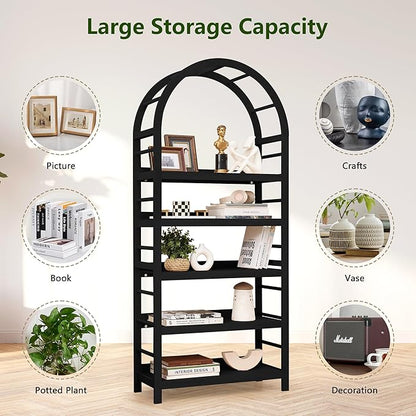 5-Tier Solid Wood Open Bookcase, Modern Arched Bookshelf, Home Office Shelf Storage Organizer, Storage Display Rack Shelf for Living Room (Black)