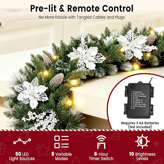 Guirnalda de Navidad preiluminada de 9 pies con exuberantes puntas de rama Christmas/flores plateadas/conos de pino y luces multicolores, guirnalda de Navidad para chimenea, escaleras, decoración de