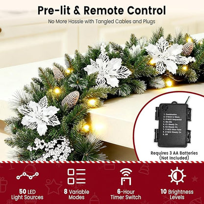 Guirnalda de Navidad preiluminada de 9 pies con exuberantes puntas de rama Christmas/flores plateadas/conos de pino y luces multicolores, guirnalda de Navidad para chimenea, escaleras, decoración de