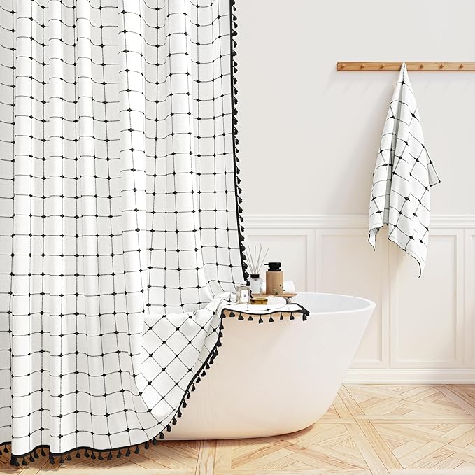 BTTN Extra Long Shower Curtain - 72x84 Inch Long Boho Chic Tassel Linen Fabric Shower Curtain Set with Hooks, Modern Farmhouse Elegant Heavy Duty Cloth Shower Curtains for Bathroom - White and Black