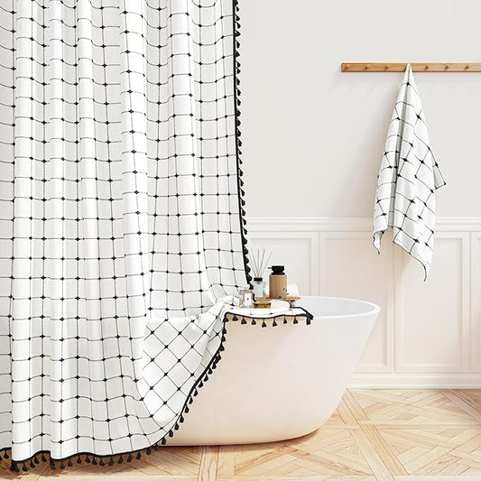 BTTN 78 Inch Long Shower Curtain - 72x78 Boho Farmhouse Linen Ultra Fabric Shower Curtain Set with Plastic Hooks, Aesthetic Rustic Country Weighted Cloth Shower Curtains for Bathroom - White and Black