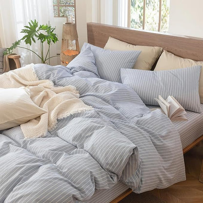 MooMee Striped Duvet Cover Set 100% Washed Cotton Linen Like Textured Breathable Durable Soft Comfy (Cornflower Blue White Wide Stripes, Alaska King 132"x120")