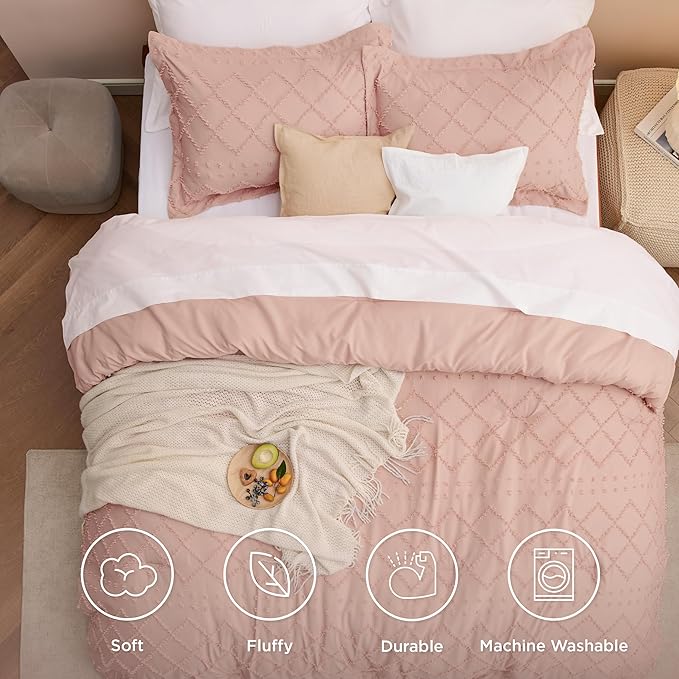 Bedsure Full Comforter Set - Coral Pink Comforter, Boho Tufted Shabby Chic Bedding for Kids, 3 Pieces Vintage Farmhouse Bed Set for All Seasons, Fluffy Soft Bedding with 2 Pillow Shams