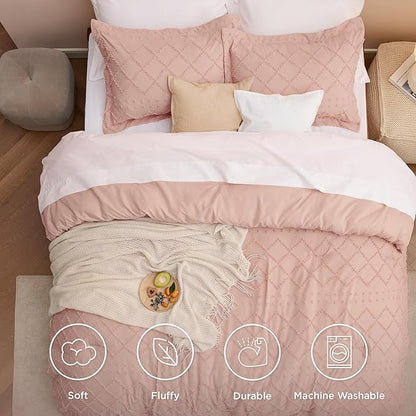 Bedsure California King Comforter Set - Coral Pink Comforter, Boho Tufted Shabby Chic Bedding for Kids, 3 Pieces Vintage Farmhouse Bed Set for All Seasons, Fluffy Soft Bedding with 2 Pillow Shams