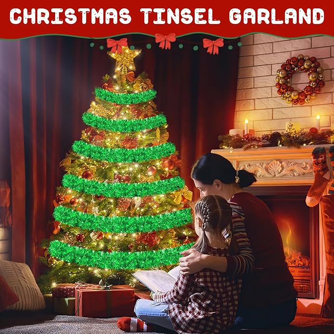 50FT Green Christmas Tinsel Garland - Metallic Tinsel Glitter Twist Garland Hanging Streamers for Indoor Decor, Xmas Tree Garlands Decorations