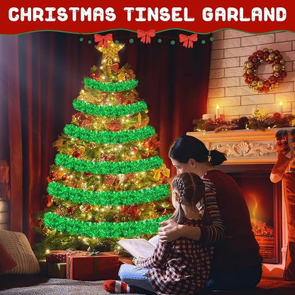 50FT Green Christmas Tinsel Garland - Metallic Tinsel Glitter Twist Garland Hanging Streamers for Indoor Decor, Xmas Tree Garlands Decorations