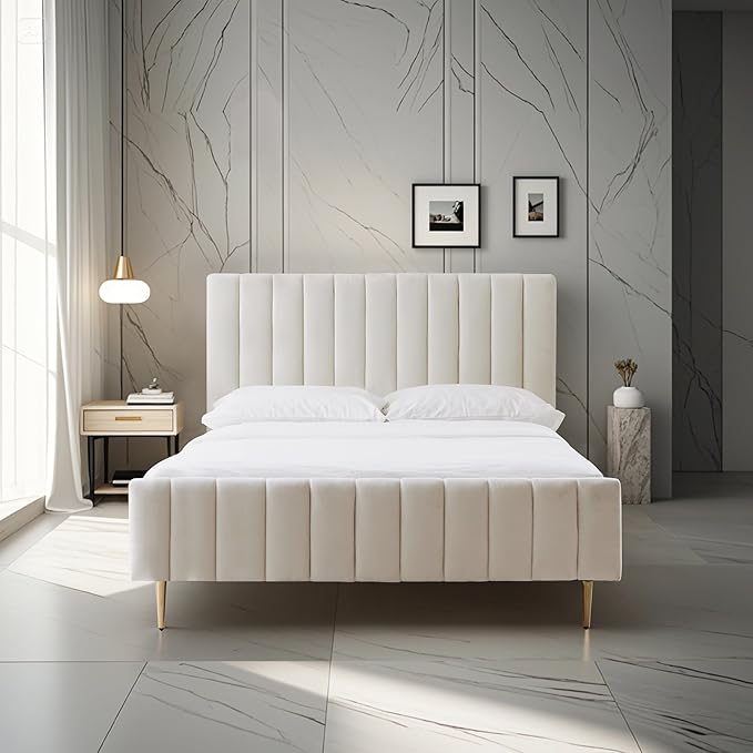 Livinia Full Size Elton Velvet Platform Bed, Upholstered Bed Frame with Vertical Channel Tufted Headboard Footboard, Strong Wood Slats, No Box Spring Needed, Ivory (Full)
