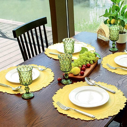Noctiflorous Round Faux Leather 15 Inch Placemats Set of 4 Waterproof Wipeable Heat Resistant Tablemat for Dining Table Kitchen Non Slip Washable Oilproof Table Place Mat(Mango Yellow, 4)