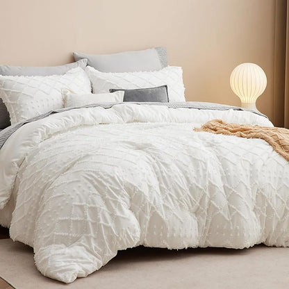 Bedsure Full Comforter Set - Ivory Comforter, Boho Tufted Shabby Chic Bedding for Kids, 3 Pieces Vintage Farmhouse Bed Set for All Seasons, Fluffy Soft Bedding with 2 Pillow Shams