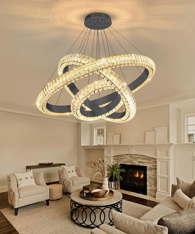 31.5" 3 Ring Crystal Chandelier Modern LED Dimmable Ring Pendant Light Round Chandelier for Dining Room Living Room Black