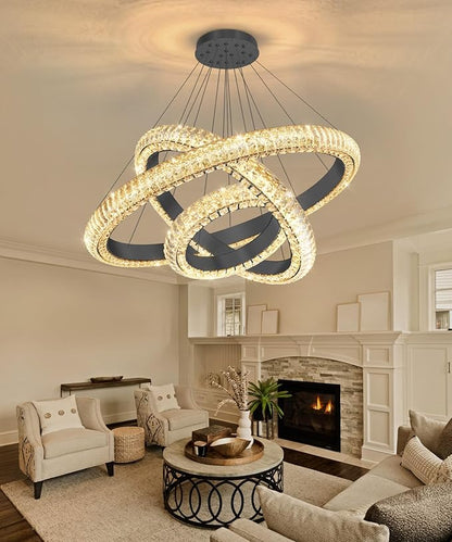 31.5" 3 Ring Crystal Chandelier Modern LED Dimmable Ring Pendant Light Round Chandelier for Dining Room Living Room Black