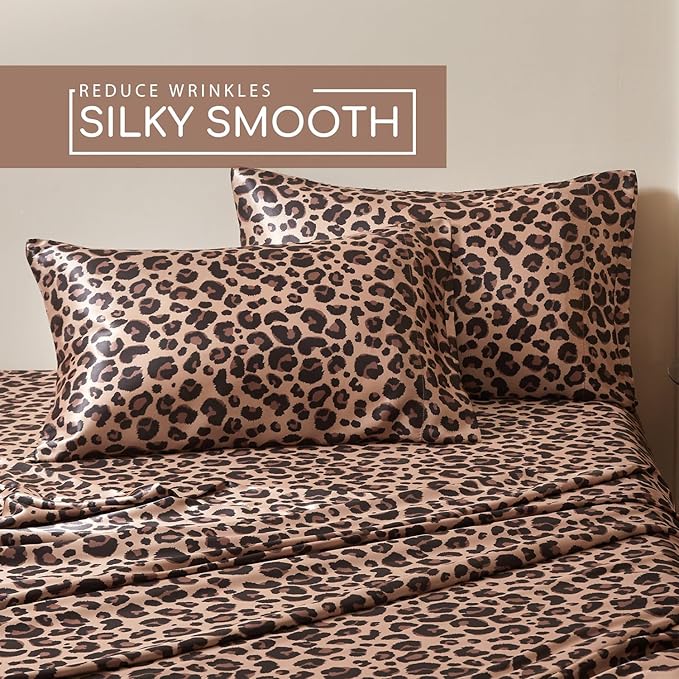 MR&HM Satin Bed Sheets with Elastic Corner Straps, Full Size Sheets Set, 4 Pcs Silky Bedding Set with 15 Inches Deep Pocket for Mattress (Full, Brown Leopard)