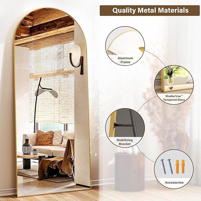 24x68 Arched Full Length Mirror Floor Mirrors with Aluminum Alloy Frame Free-Standing Wall Mounted Floor Mirrors or Large Dressing Mirror, Gold Mirror Full Length
