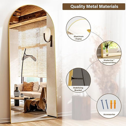 26''x 71'' Arched Full Length Mirror Floor Mirrors with Aluminum Alloy Frame Free-Standing Wall Mounted Floor Mirrors or Large Dressing Mirror, Gold Mirror Full Length