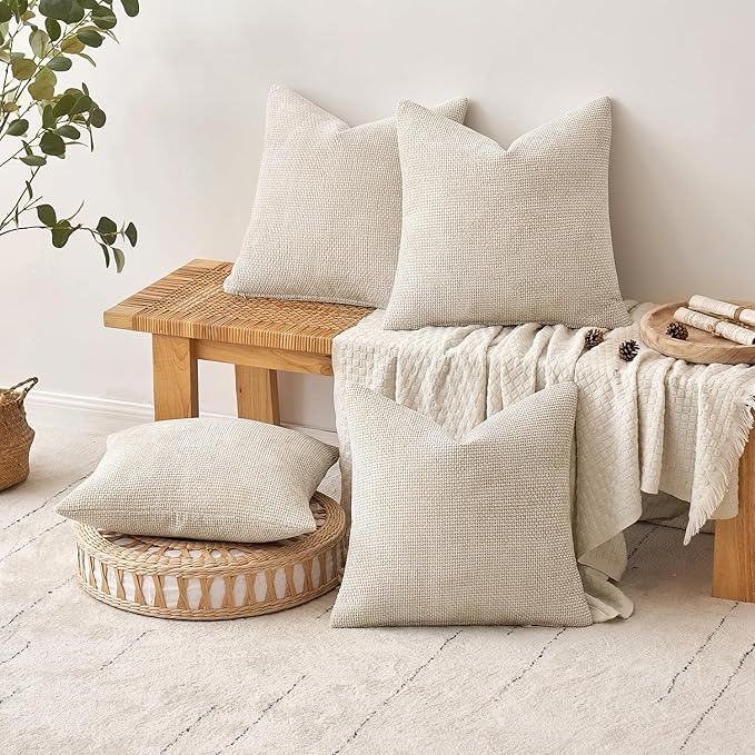 MIULEE Pack of 4 Throw Pillow Covers 16x16 Inch Cream Soft Decorative Chenille Pillow Covers Farmhouse Accent Cushion Covers for Boho Home Decor Bedroom Living Room