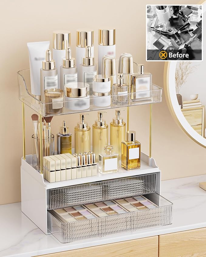 Bathroom Organizers and Storage, Makeup Organizer (Sturdy Durable Attractive), Ideal for Vanity, Countertop, Counter, Perfume, Skincare, Cabinet, Cosmetic, Dresser Organizer (white)