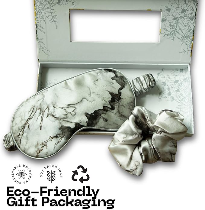 Silk & Willow 100% Pure Mulberry Silk Sleep Eye Mask & Hair Scrunchie Gift Set (Woodgrain)