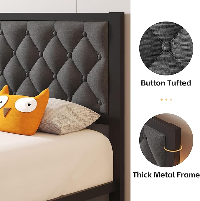 Twin Bed Frame with Headboard Linen Upholstered Bed Frame Platform,All Metal Slats Support Platform Bed Frame with Storage Space,Easy Assembly,Noise Free,No Box Spring Needed,Grey