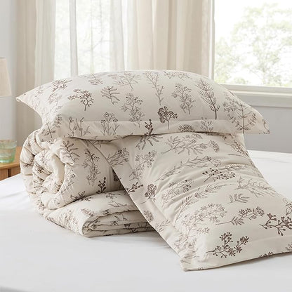 Bedsure Twin/Twin XL Comforter Set - Beige Bed Set, 2 Pieces Cute Floral Bedding, 1 Soft Botanical Flowers Comforter and 1 Pillow Shams