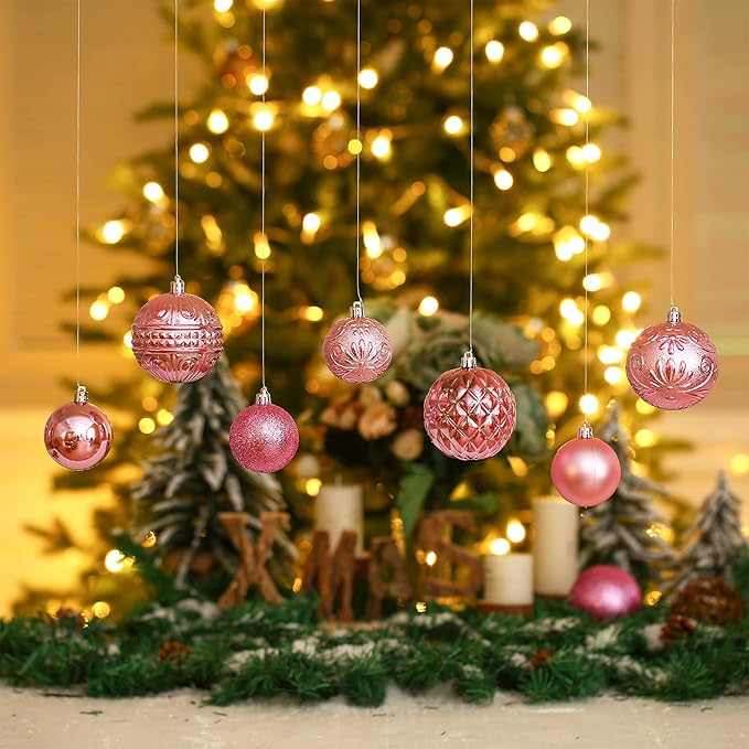 Christmas Ball Ornaments Pink Christmas Tree Decorations with Hang Rope-36pcs Shatterproof Christmas Ornaments Set with 6 Styles in 3 Sizes(Small Medium Large)