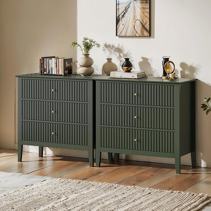 Large Green 3 Drawer Dresser, Painted 30 Inch Tall Wood Nightstand with Storage, Wide Modern Chest of Drawers with Ball Bearing Slide for Bedroom Hallway Living Room Entryway Office