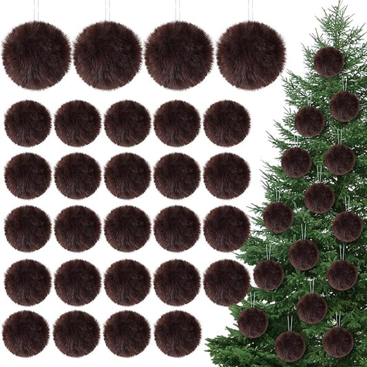 12Pcs Furry Christmas Ball Ornament for Xmas Tree Brown Soft Faux Fur Pom Pom Ball Ornaments Christmas Tree Hanging Decorations for Winter Party Home Decor Costume Supplies