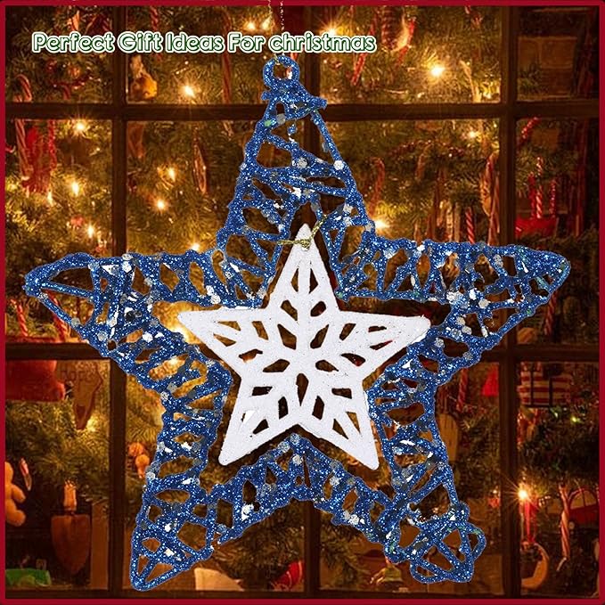 Set of 3 Star Christmas Hanging Ornaments, Glitter Star for Holiday Decorations, Winter Christmas Window Hanging - 6" Diameter (Blue)