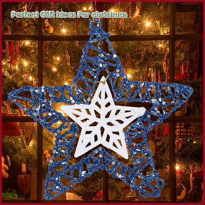 Set of 3 Star Christmas Hanging Ornaments, Glitter Star for Holiday Decorations, Winter Christmas Window Hanging - 6" Diameter (Blue)