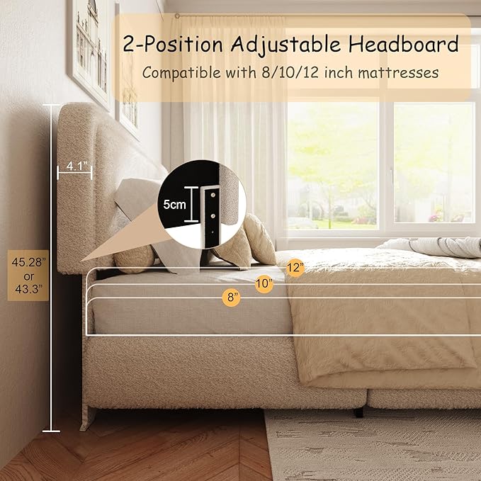 King Size Boucle Bed Frame, Cloud Upholstered Platform Bed with Height Adjustable Headboard & Soft Rounded Corners, No Box Spring Needed, Noise Free, Easy Assembly, Beige