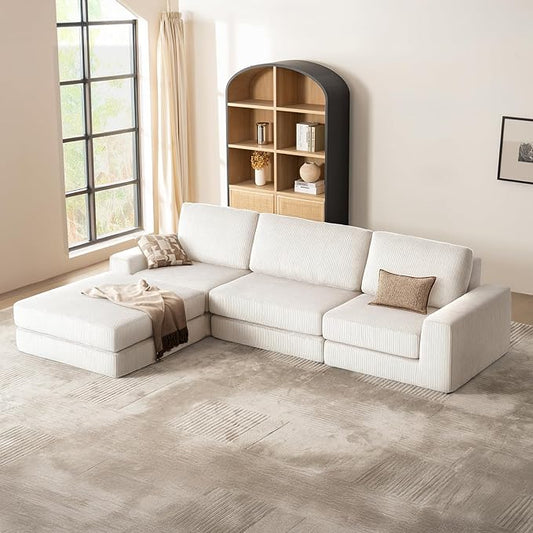 120.47‘’ Boneless Couch Cloud Modular Sectional Couches for Living Room, Oversize L-Shape Sofa with Deep Seat, Plush Corduroy 3-Seater with Ottoman, No Assembly Required