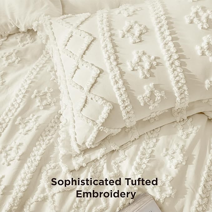 Bedsure Tufted Boho Comforter Set Twin Size - Ivory Boho Bed Set, GentleSoft™ 2 Pieces Farmhouse Shabby Chic Embroidery Bedding, Gifts for Woman, Soft Jacquard Twin Comforter for All Seasons