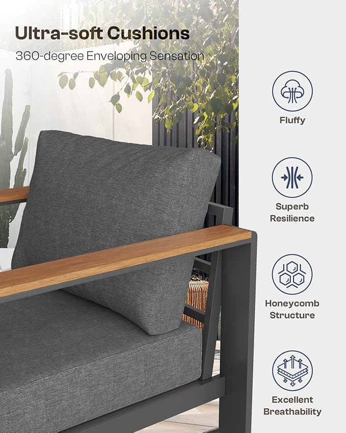 Aluminum Outdoor Patio Furniture Loveseat, All-Weather Outdoor Patio Seating with Washable Thick Cushion, Patio Outdoor Seating for Porch, Balcony, Deck, Yard, Graphite