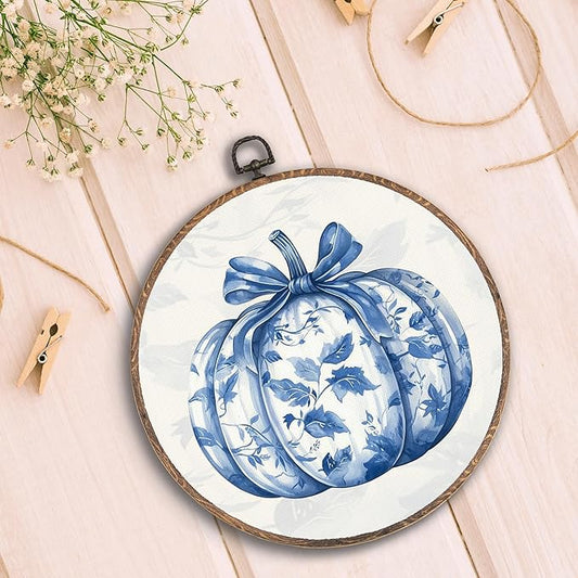 Hxlac Chinoiserie Pumpkin Fall Round Wall Art Framed, Blue and White Porcelain Pumpkin Round Wall Decor, Autumn Halloween Hanging Canvas Prints Wall Sculptures for Home Room Decor, 10x10 Inch