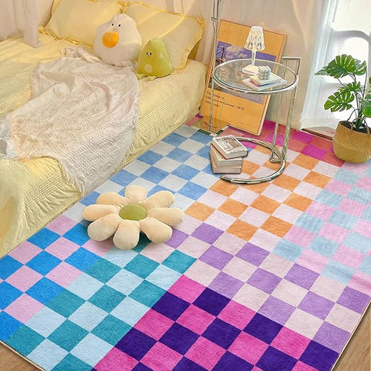 Multicolored Checkerboard Washable Rug 8x10 Ultra Thin Retro Aesthetic Funky Area Rugs Carpet for Living Dining Room Bedroom Kitchen Office Dorm, Colorful Checkered Modern Geometric Carpet