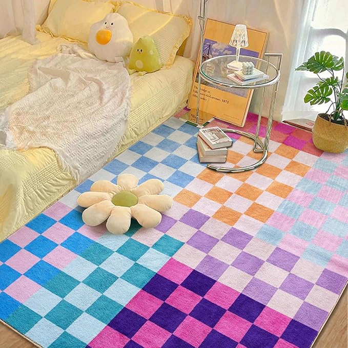 Multicolored Checkerboard Washable Rug 4x6 Ultra Thin Retro Funky Aesthetic Cute Area Rugs for Living Dining Room Bedroom Kitchen Office Entryway Dorm, Colorful Checkered Modern Geometric Carpet