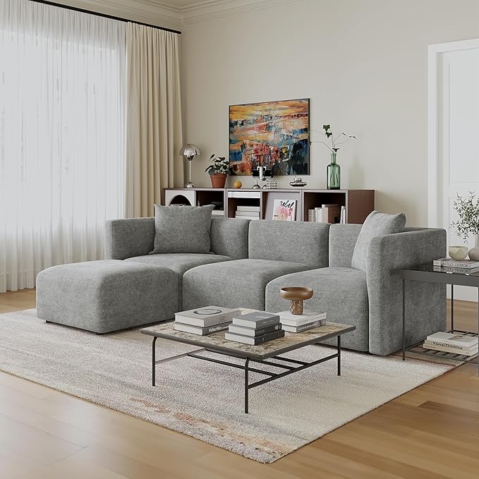 Acanva Luxury L-Shaped Upholstery Convertible Modular Sectional Sofa, Contemporary Reversible Couch with Chaise Lounge for Living Room, Apartment, Linen-Like Grey