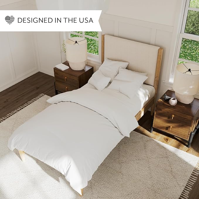 DG Casa Solid Wood Boucle Mid-Century Modern Twin Size Wooden Platform Bed Frame - Upholstered in Taupe Boucle - Natural Finish