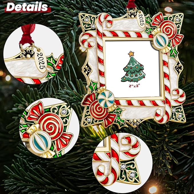 2025 Christmas Ornaments 2 inch Picture Frame Metal Hanging Pendant for Tree Small Decorative Keepsake, Display Photo for Baby and Pet (Candy Gold (2025))