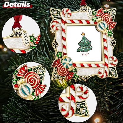 2025 Christmas Ornaments 2 inch Picture Frame Metal Hanging Pendant for Tree Small Decorative Keepsake, Display Photo for Baby and Pet (Candy Gold (2025))
