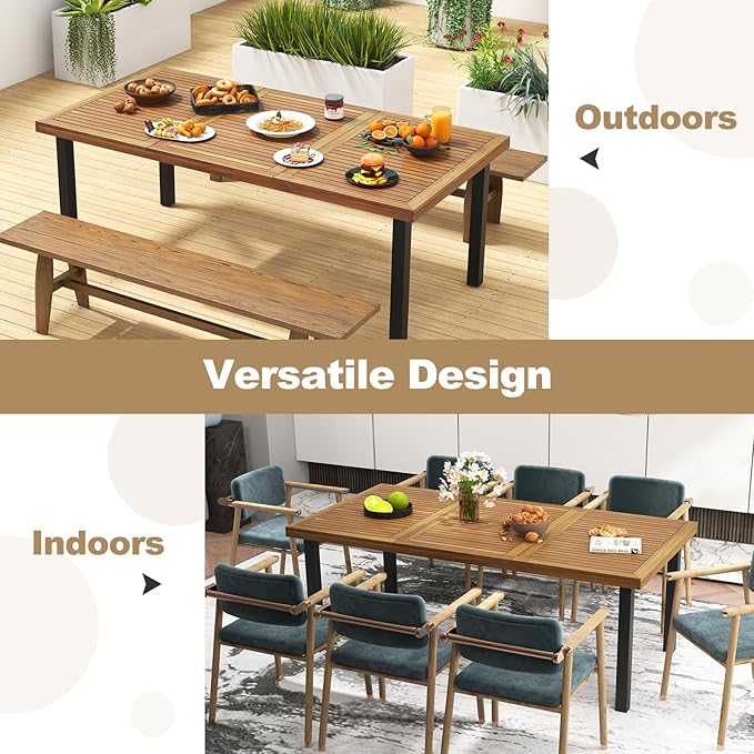 Tangkula 79 Inch Acacia Wood Dining Table, 8-Person Patio Table for Outdoors & Indoors, Rustic Rectangular Bistro Table with 1.9” Umbrella Hole, Metal Legs & Adjustable Foot Pads